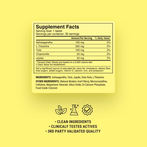 500mg - Ashwagandha, Chamomile, Jujube, L-Theanine, Tulsi Tablets - Relaxation + L-Theanine - Lemon Honey - Mood Tablets - Thumbnail