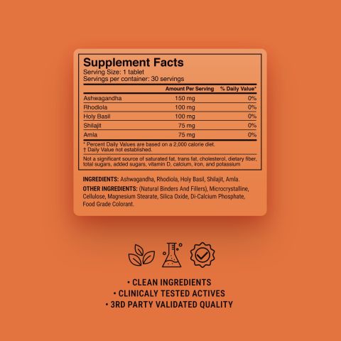 500mg - Amla, Ashwagandha, Holy Basil, Rhodiola, Shilajit Tablets - Anti-Stress - Cardamon Vanilla Chai - Mood Tablets - Thumbnail