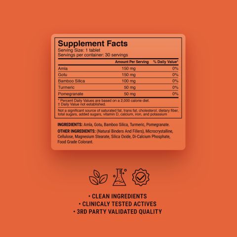500mg - Amla, Bamboo Silica, Gotu, Pomegranate, Turmeric Tablets - Collagen Support Herbs - Peach Pomegranate - Mood Tablets - Thumbnail 9