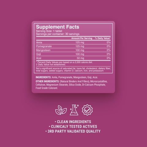 500mg - Antioxidant Superfruit Mix Tablets - Acai, Amla, Goji, Mangosteen, Pomegranate - Berry Pomegranate - Mood Tablets - Thumbnail 1